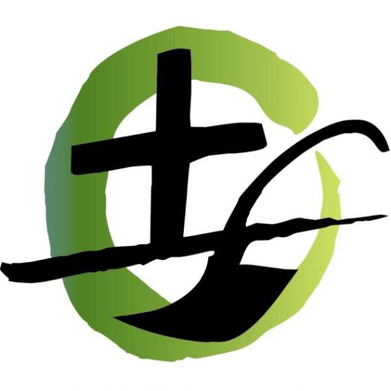 Man sieht ein schwarzes Kreuz auf einer gedachten Ackerlinie und einem Pflug. Drumherum ein grüner Kreis